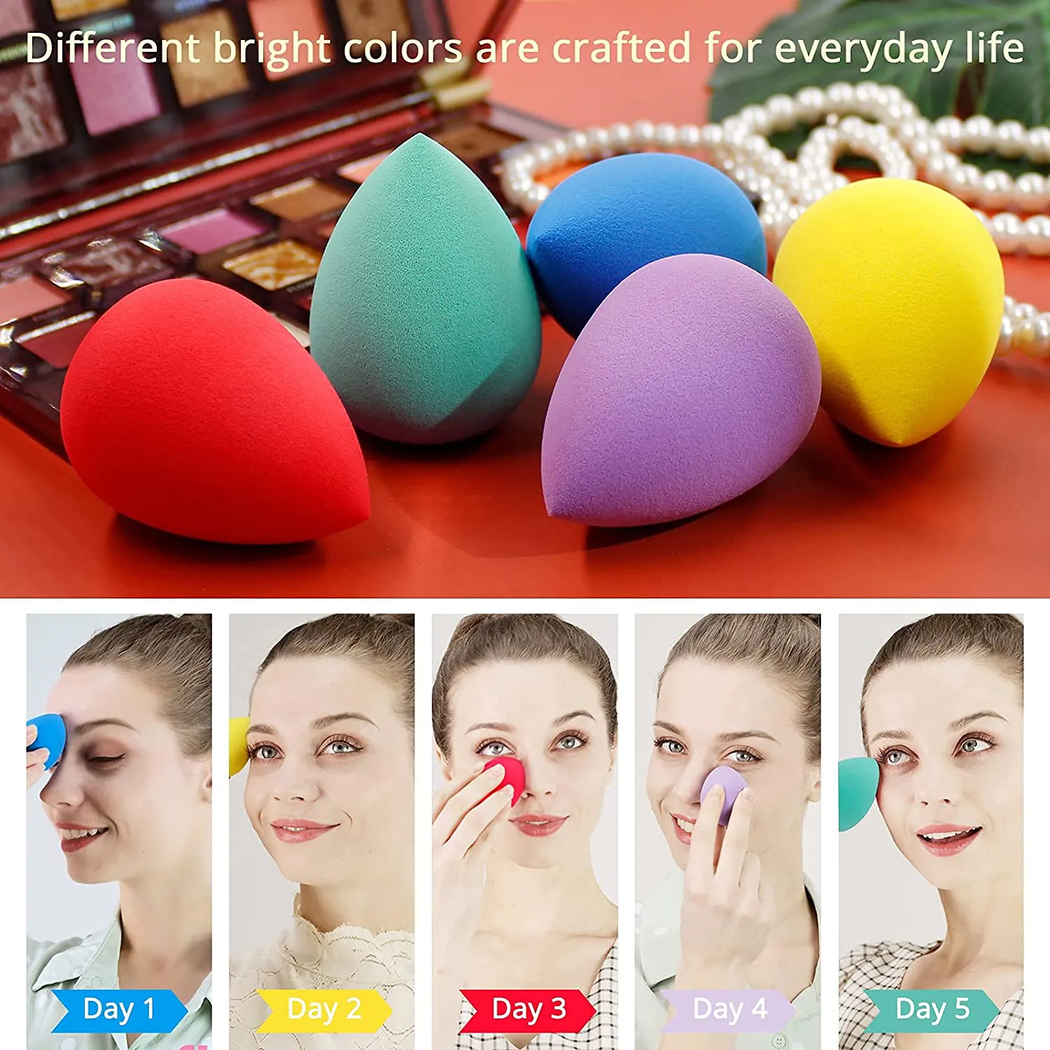 BEAKEY 5 Pcs Makeup Sponge Set, Foundation Blending Beauty Sponge, Flawless for Liquid, Cream, and Powder, Multi-Colored Makeup Sponges