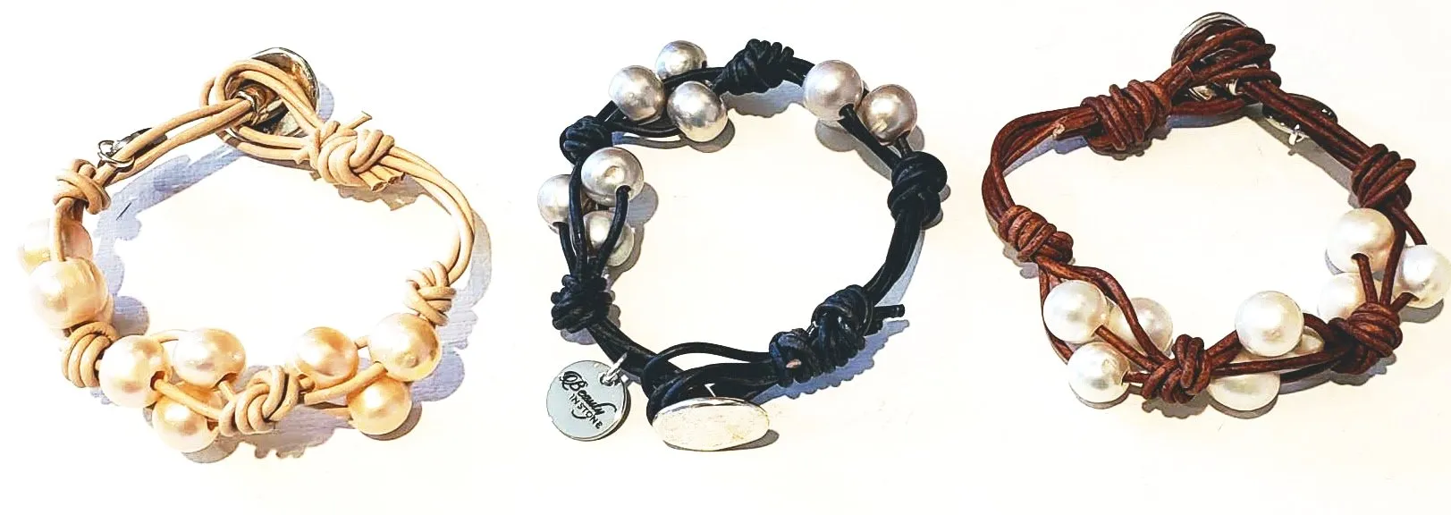 Knotted Leather Freshwater Pearl Bracelet In 3 colors