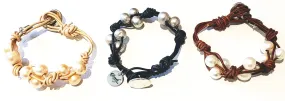 Knotted Leather Freshwater Pearl Bracelet In 3 colors